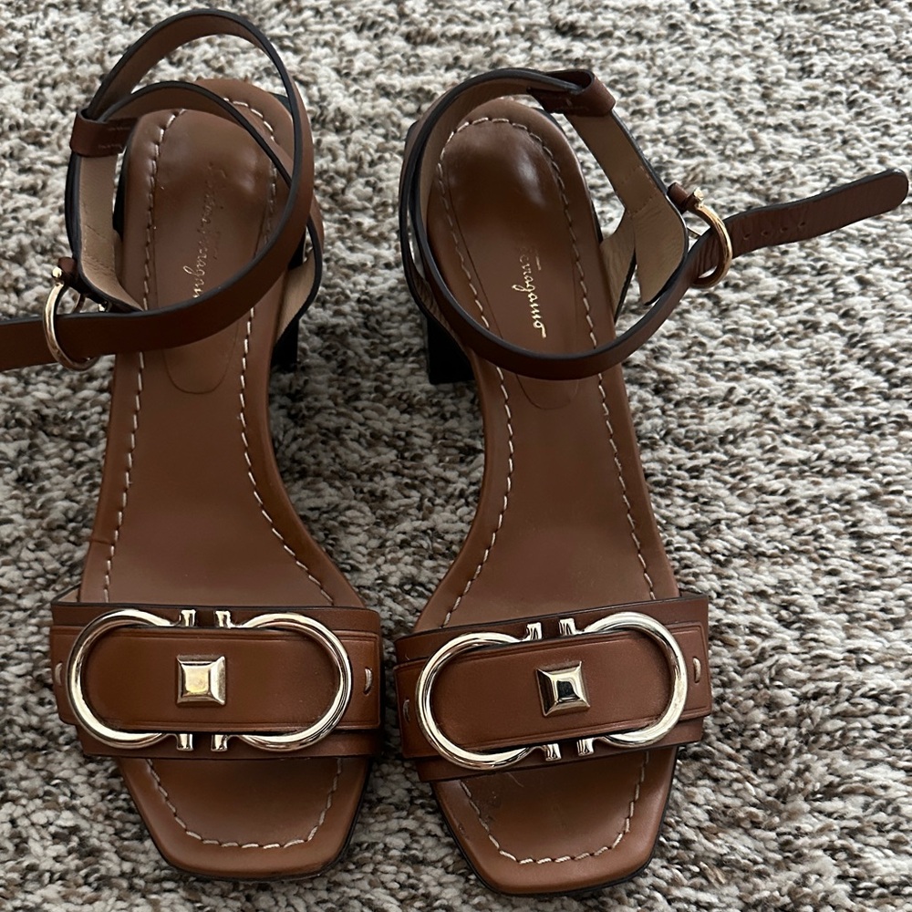 Salvatore Ferragamo Brown Leather Sandals with Gold Buckle 7C